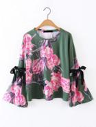 Romwe Bell Sleeve Tie Detail Floral Top