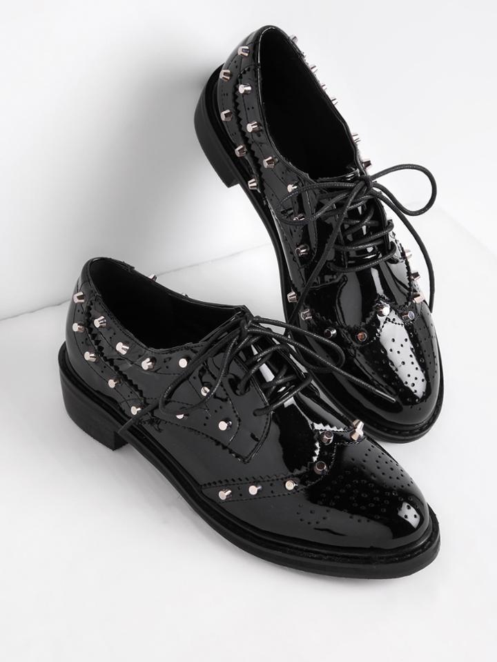 Romwe Studded Detail Patent Leather Lace Up Shoes