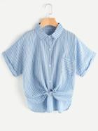 Romwe Striped Self Tie Front Dolphin Hem Shirt With Chest Pocket