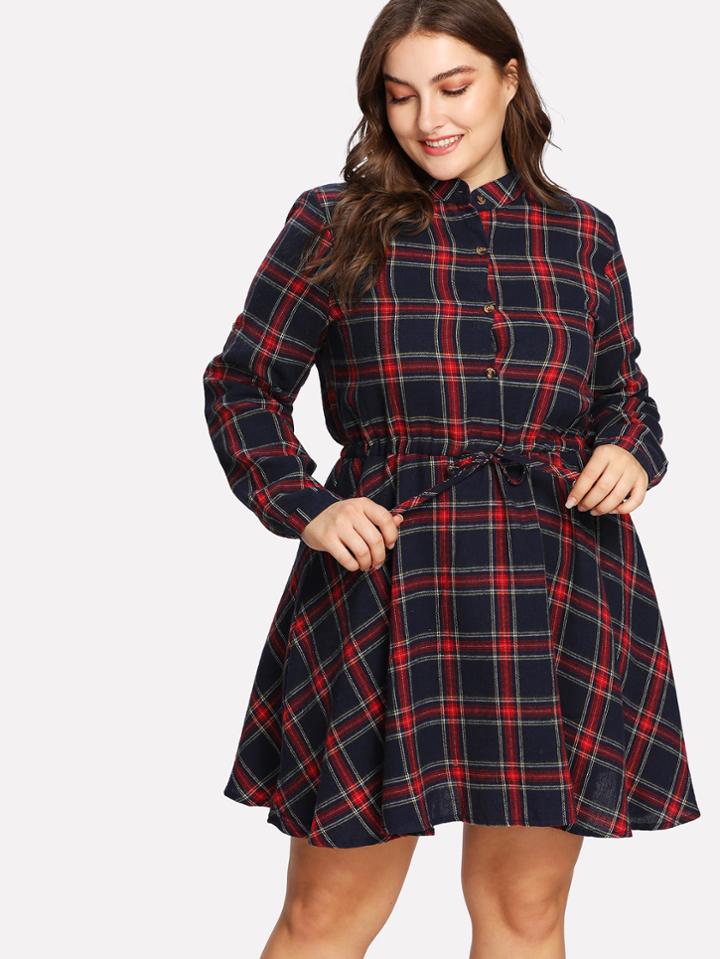 Romwe Drawstring Waist Checked Shirt Dress
