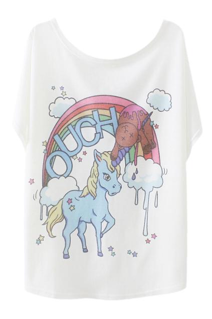 Romwe Running Horse Print Batwing White T-shirt