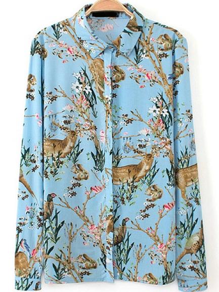 Romwe Blue Long Sleeve Animal Print Blouse