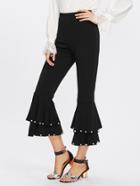 Romwe Pearl Embellished Tiered Ruffle Hem Pants