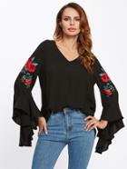Romwe Flounce Sleeve Flower Embroidered Blouse