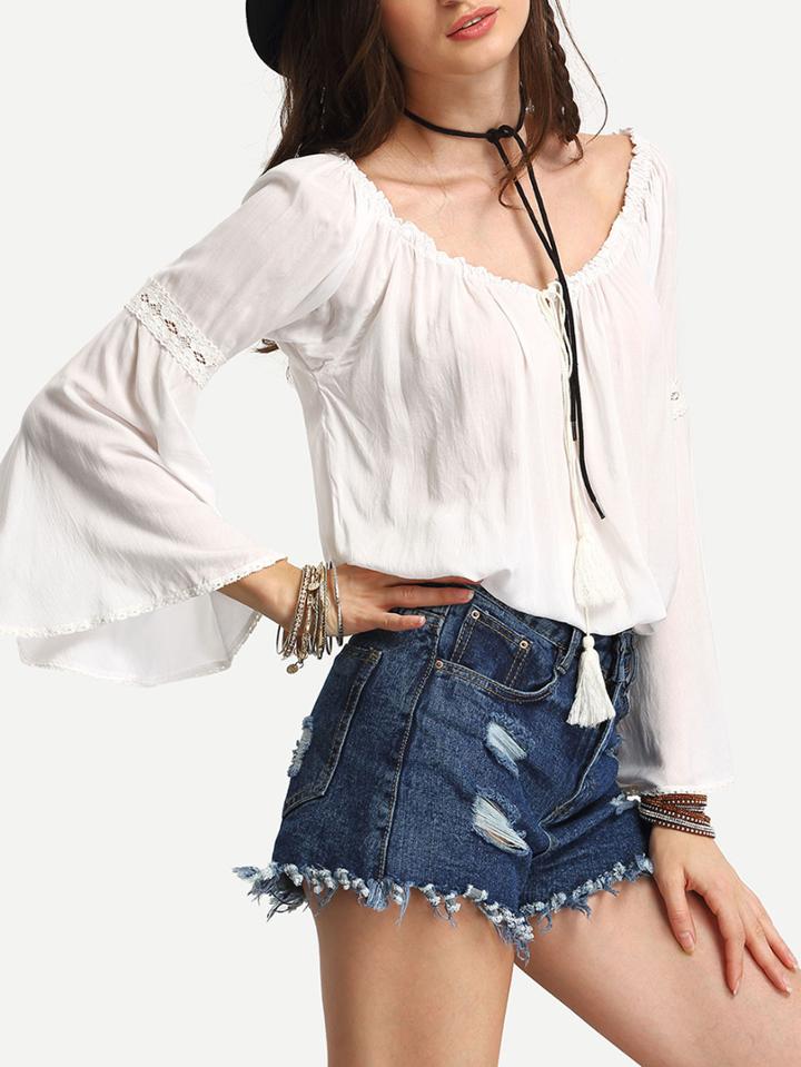 Romwe White Bell Sleeve Tessal Tie Blouse
