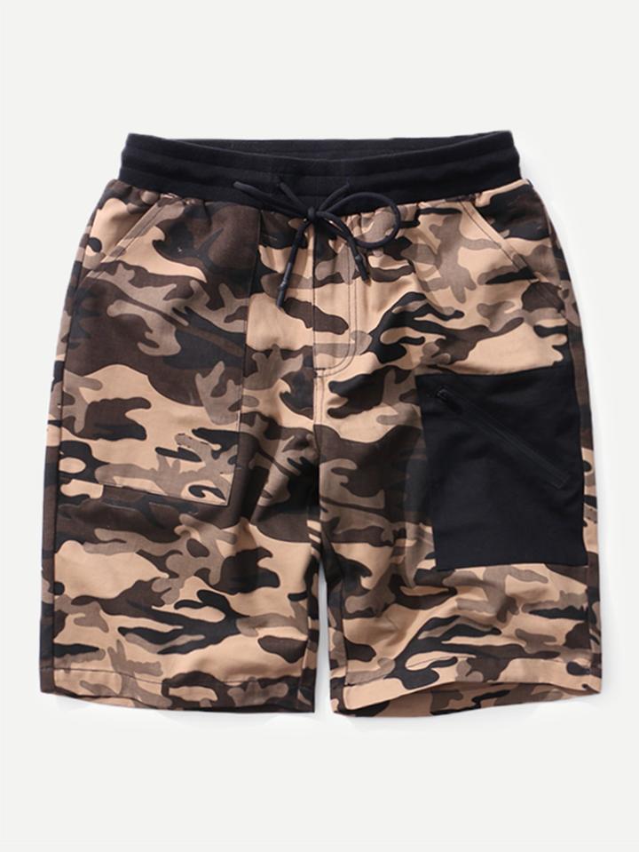 Romwe Men Camo Print Drawstring Zip Shorts