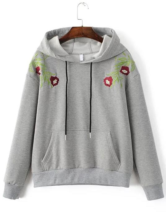 Romwe Grey Floral Embroidery Hooded Sweatshirt