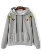 Romwe Grey Floral Embroidery Hooded Sweatshirt