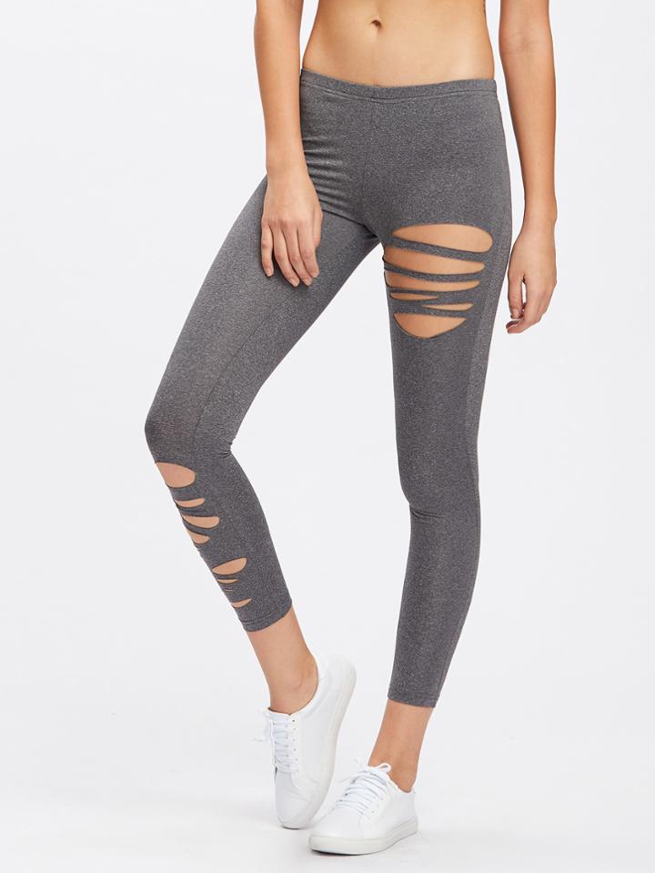Romwe Slashed Marled Knit Leggings