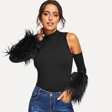 Romwe Cold Shoulder Faux Fur Rib-knit Tee
