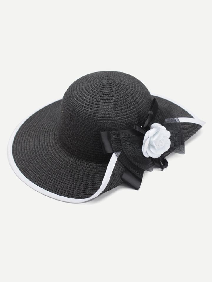 Romwe Flower Decorated Straw Hat With Bow