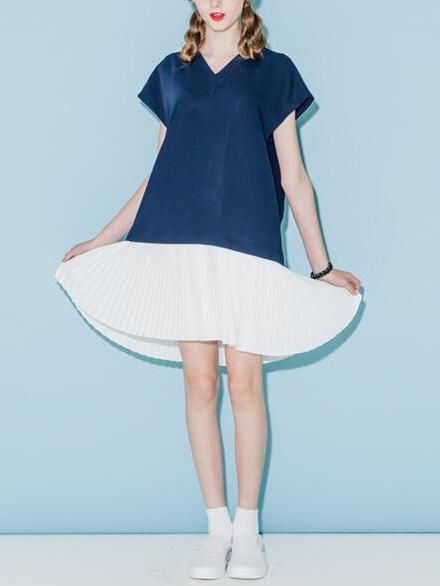 Romwe Blue Contrast Pleated Trim Swing Dress