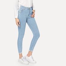 Romwe Ripped Rolled Hem Pearl Decoration Jeggings
