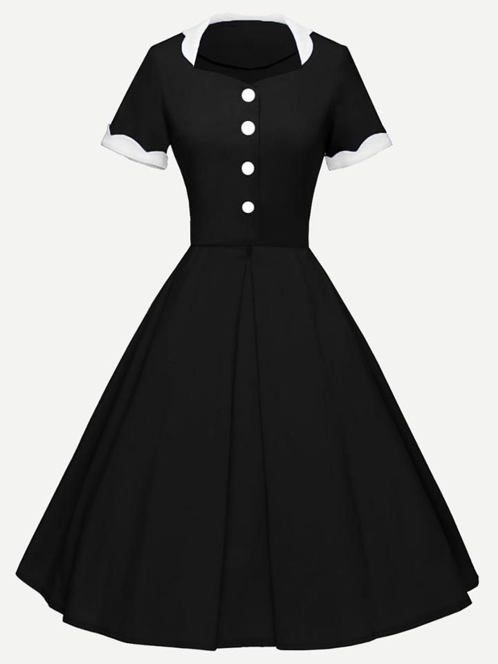Romwe Contrast Trim Single Breasted Front Dress