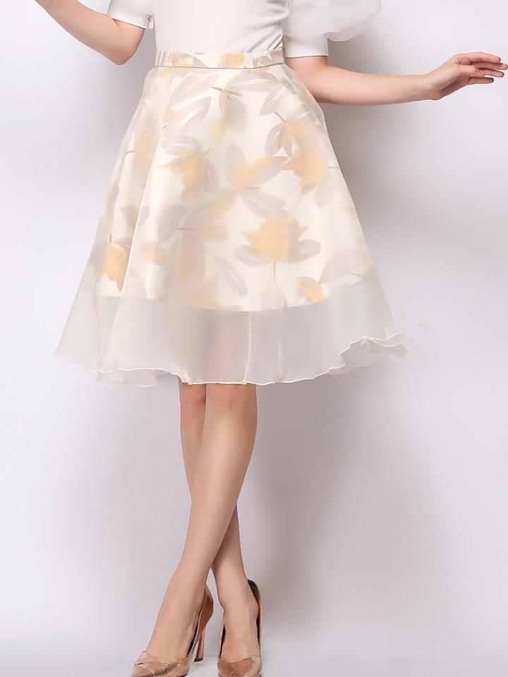 Romwe Leaves Print Mesh Flare Apricot Skirt