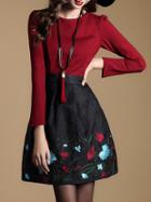 Romwe Red Embroidered Jacquard Combo Dress