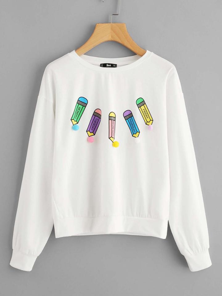 Romwe Pom Pom Detail Pencil Print Pullover