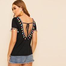 Romwe Colorful Tassel Trim Knot Back Top