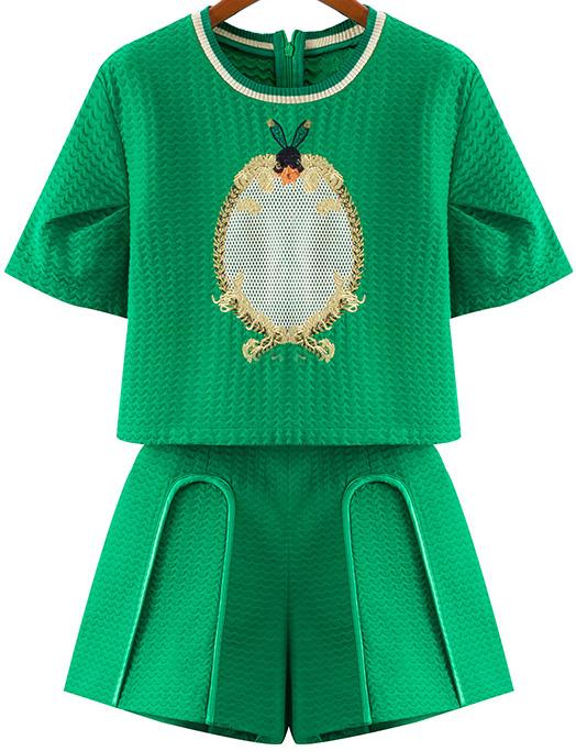 Romwe Green Short Sleeve Embroidered Top With Shorts