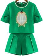 Romwe Green Short Sleeve Embroidered Top With Shorts