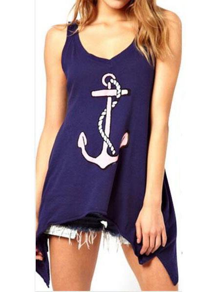 Romwe Anchors Print Asymmetrical Tank Top