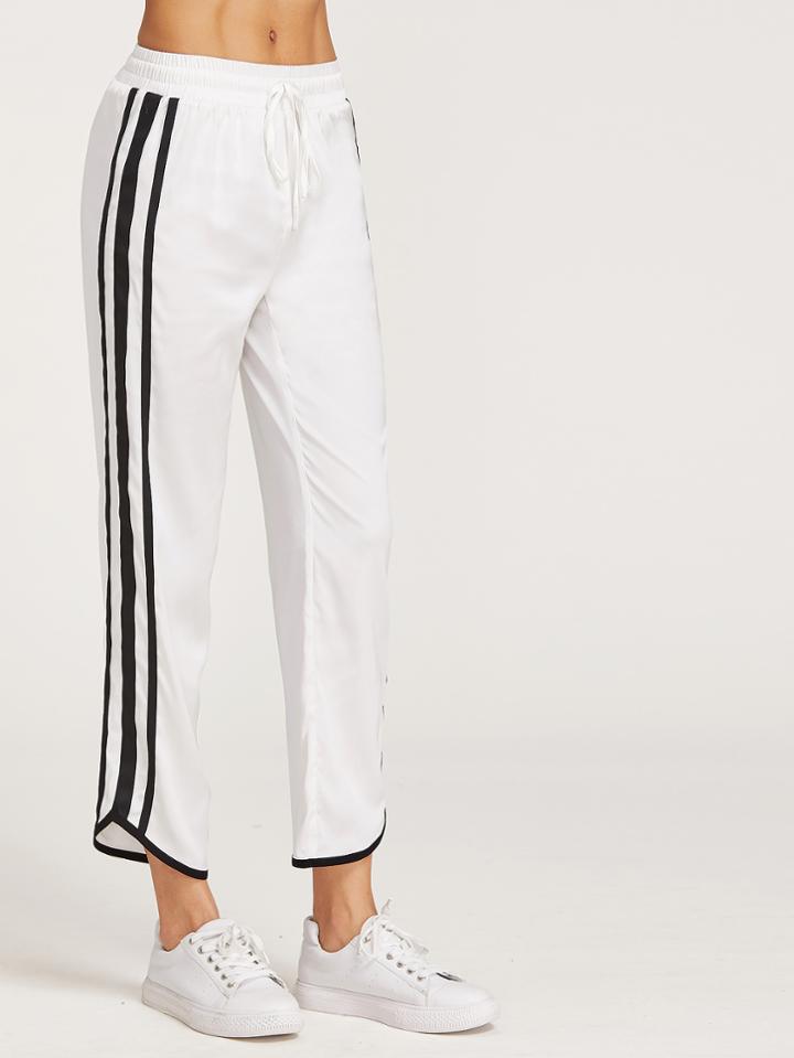 Romwe White Side Striped Drawstring Pants