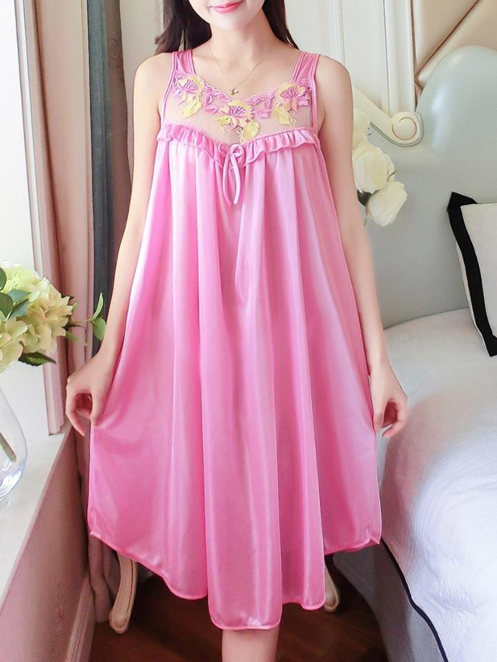 Romwe Applique Mesh Insert Frill Detail Night Dress