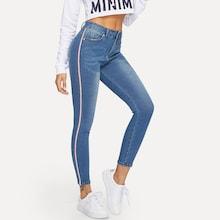 Romwe Contrast Striped Side Bleach Wash Jeans