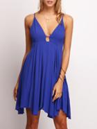Romwe Blue Spaghetti Strap Keyhole Front Pleated Dress