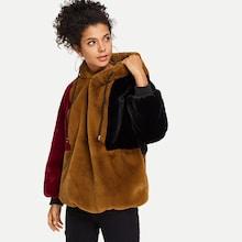 Romwe Color Black Hoodie Faux Fur Coat