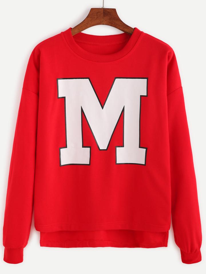 Romwe Red Letter Print High Low Sweatshirt