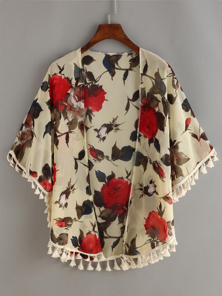 Romwe Florals Fringe Chiffon Top