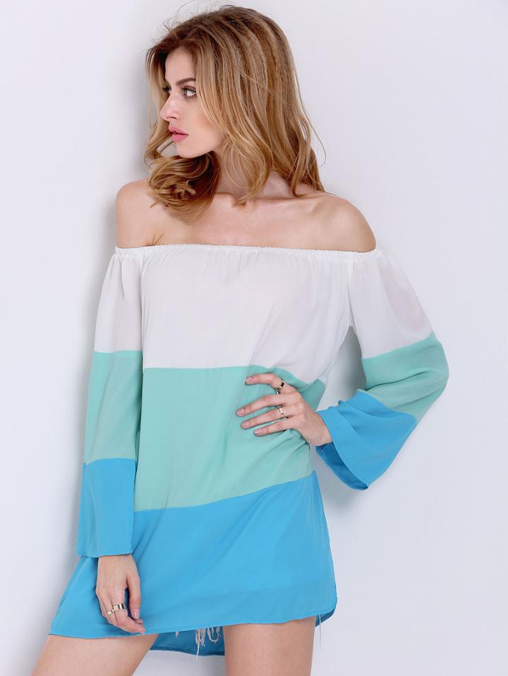 Romwe White Blue Off The Shoulder Color Block Dress