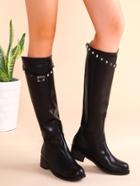 Romwe Black Pu Studded Strap Chunky Heel Knee Boots