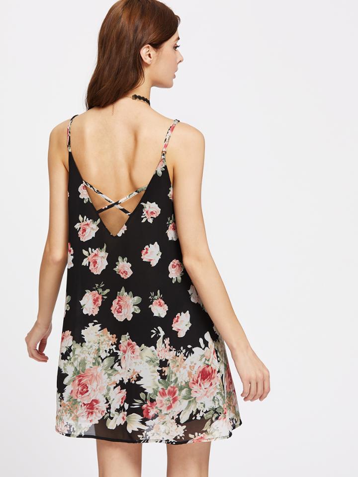 Romwe Allover Rose Print Crisscross V Back Swing Cami Dress