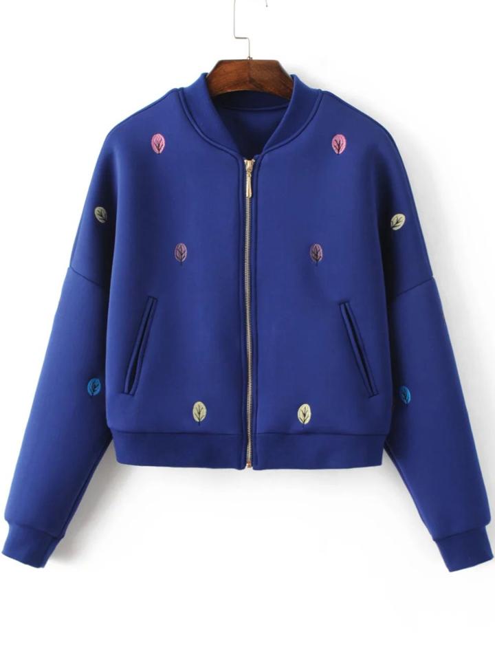 Romwe Blue Tree Embroidery Drop Shoulder Zipper Jacket
