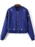 Romwe Blue Tree Embroidery Drop Shoulder Zipper Jacket