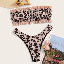 Romwe Leopard Frill Trim Bandeau With High Cut Bikini