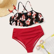 Romwe Random Floral Layered Ruffle Top With Ruched Bikini Set