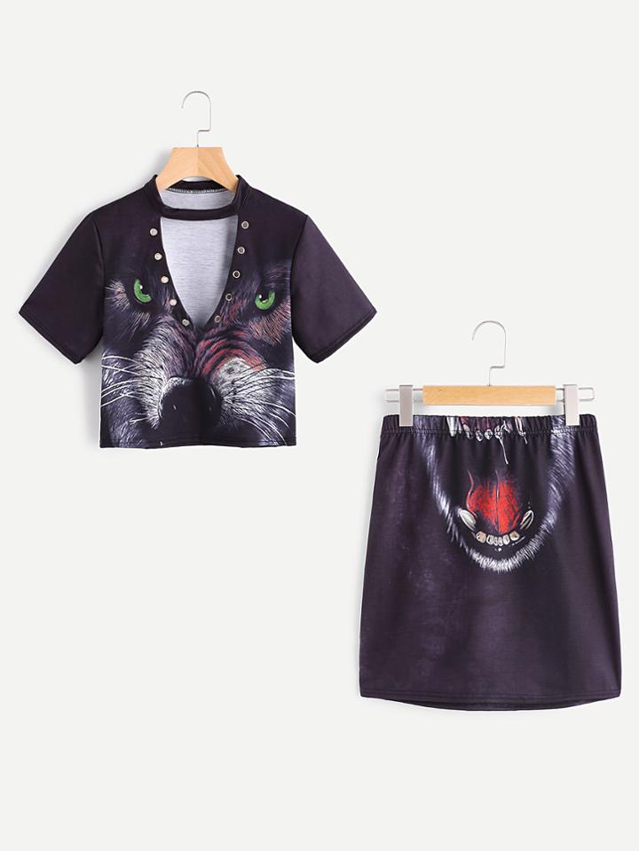 Romwe V-cut Ring Detail Animal Print Top With Skirt