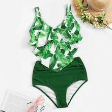 Romwe Random Tropical Floaty Top With Ruched Bikini