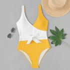 Romwe Two Tone Belted V Plunge Swimsuit
