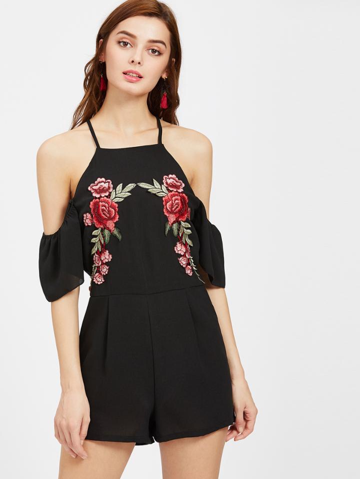 Romwe Open Shoulder Rose Embroidered Zip Back Romper