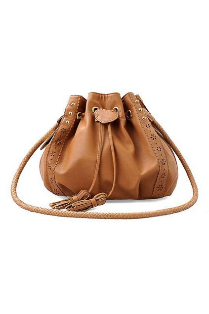 Romwe Self-tie Hollow Rivet Tassel Brown Shoulder Bag
