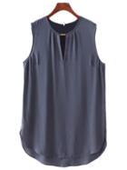 Romwe Dark Grey Keyhole Front Dolphin Hem Blouse