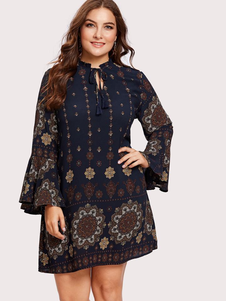 Romwe Trumpet Sleeve Frilled Tie Neck Ornate Dress