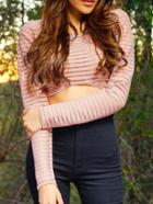 Romwe Sheer Striped Crop Pink Shirt