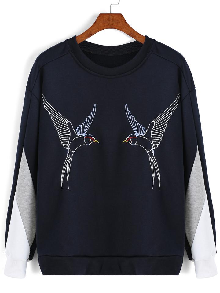 Romwe Color-block Bird Embroidered Sweatshirt