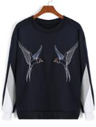 Romwe Color-block Bird Embroidered Sweatshirt
