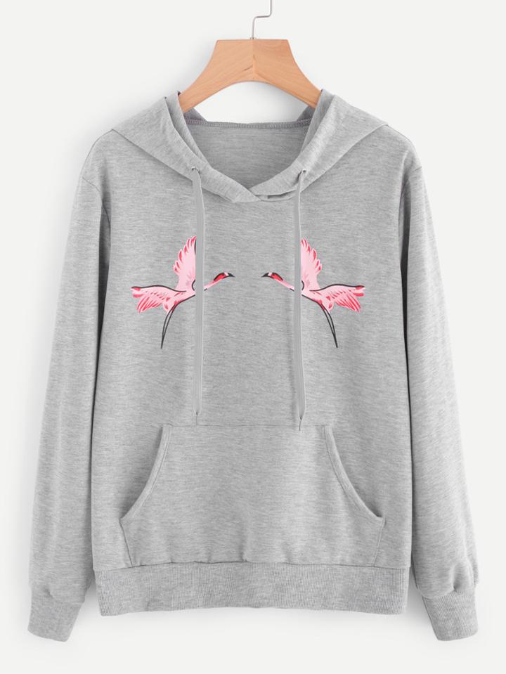 Romwe Flamingo Print Marled Hoodie